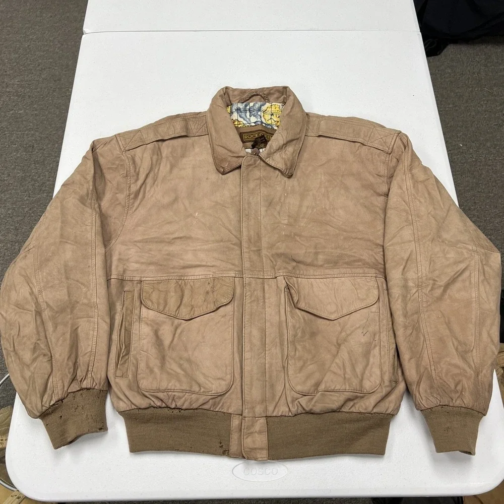Rock Creek Leather Bomber Jacket Mens M Tan Vintage Map Lining Distressed E2